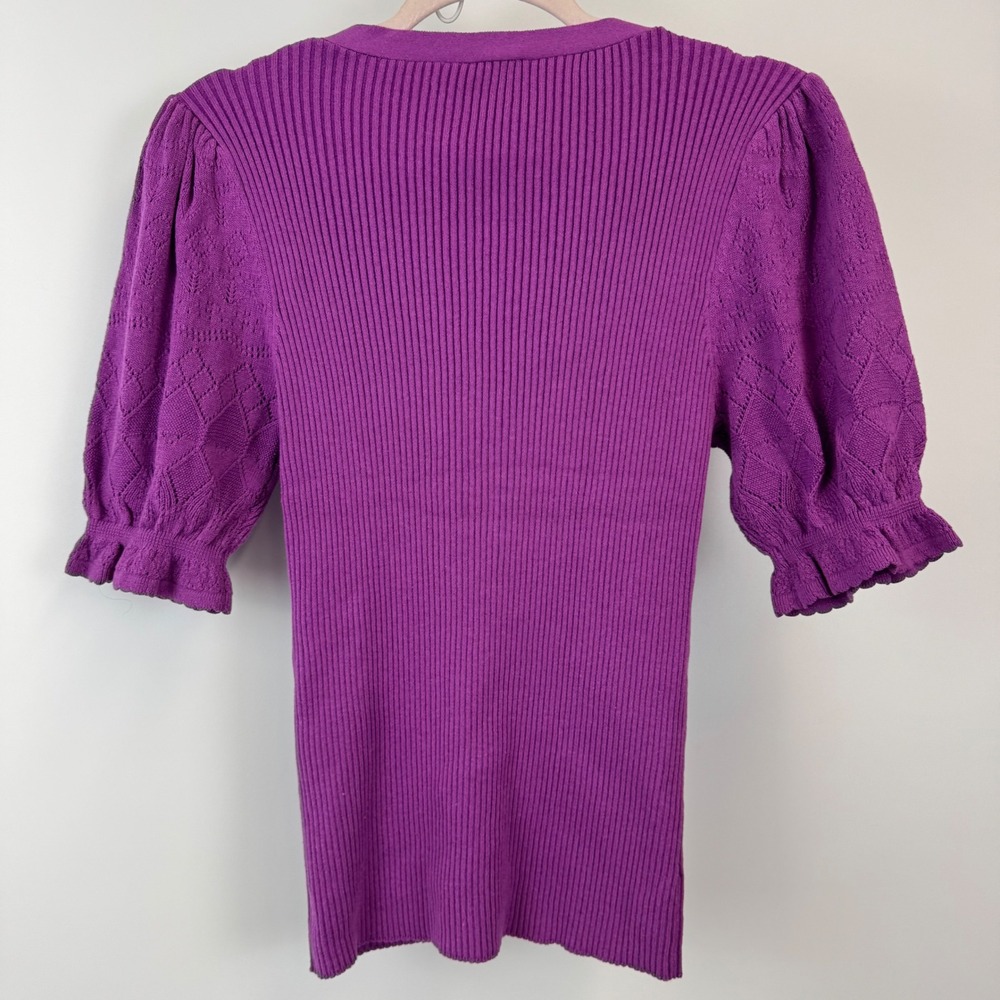 Sundance Purple Ribbed Henley Top Organic Cotton Pointelle Puff Sleeve Large New - Picture 11 of 13
